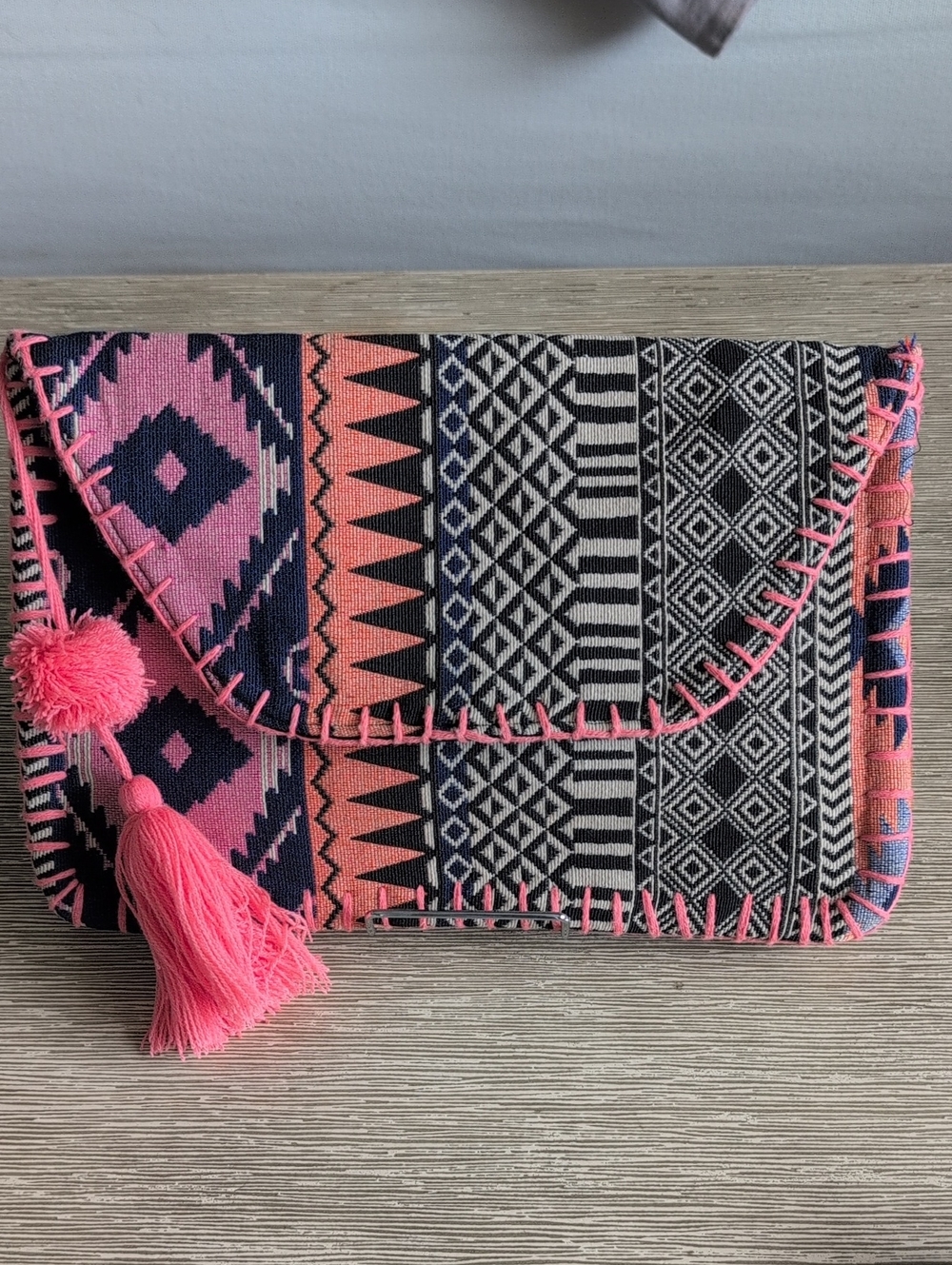 Pink & Navy and Black Geometric Tassel Textile Summer Clutch Purse - Picture 2 of 8